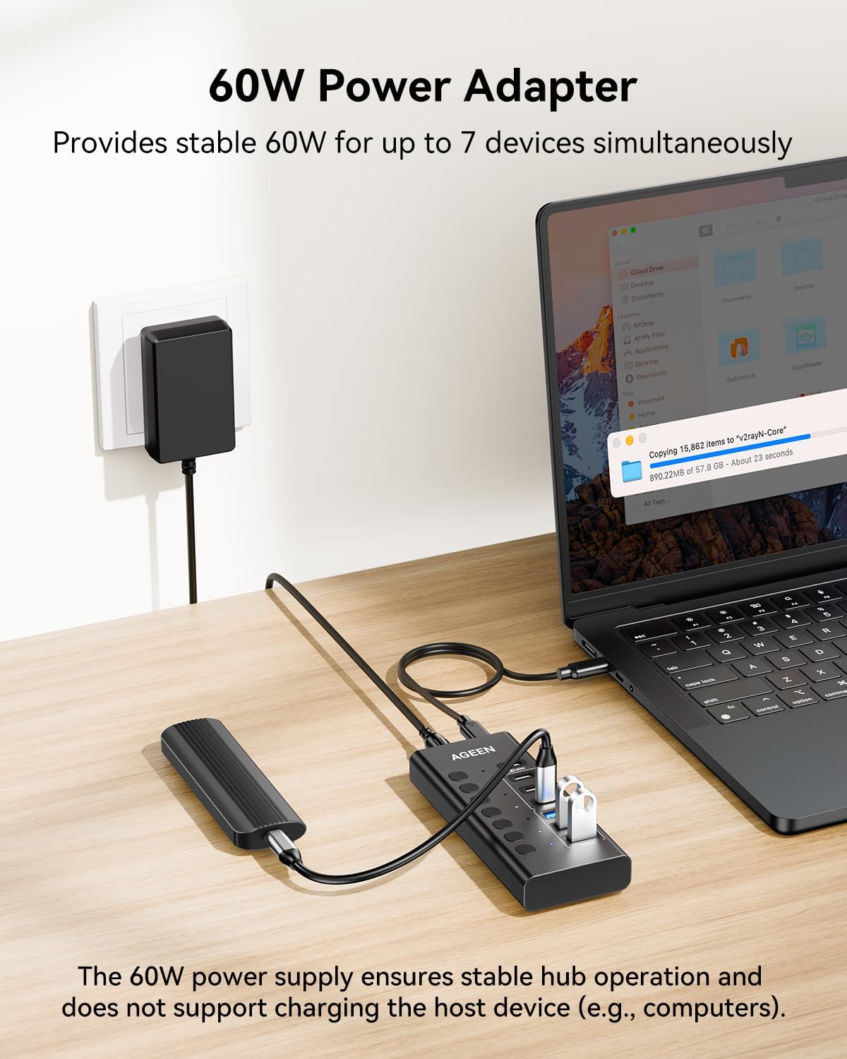 AGEEN USB C Hub, 7-Port 10Gbps Powered USB Hub, USB Splitter with 3 USB-A 3.2 and 3 USB-C 3.2 Ports, PD 30W Charging Port, 60W Power Adapter for PC, Laptop, MacBook, iPad, iPhone, Flash Drive