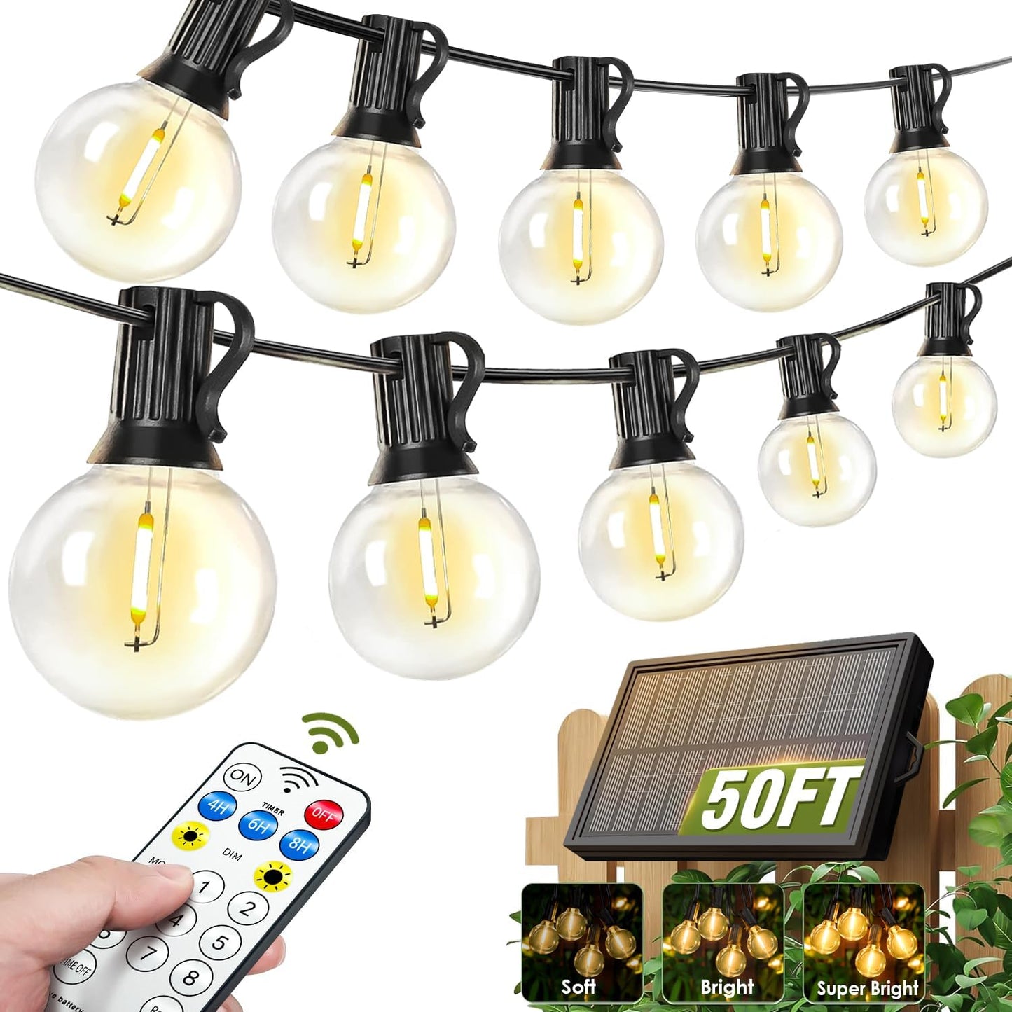 Nisocy 100FT Solar String Lights Outdoor, G40 Shatterproof Patio Lights with Upgraded Remote, Solar & USB Charging, Dusk to Dawn, Waterproof Hanging Bistro Lights for Backyard Garden RV Camping