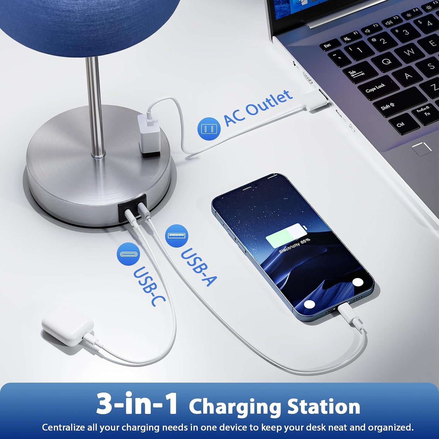 Touch Lamps for Bedroom Set of 2 - Dimmable, USB C+A, AC Outlet | Large 17.6" Tall Lamp, 3-Way Dimming, 5000K Daylight Bulbs, Navy Blue Lampshade Silver Base, Decor for Living Room, Boys, Men