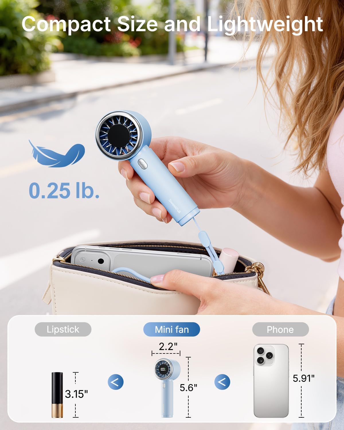 SWEETFULL Portable Handheld Fan, Mini Rechargeable Personal Hand Fan | Strong Airflow, Up to 12H, Pocket-Sized, 5 Speeds, Quiet Cooling Travel Essentials, Cute Gifts for Women, Girls, Lash, Makeup