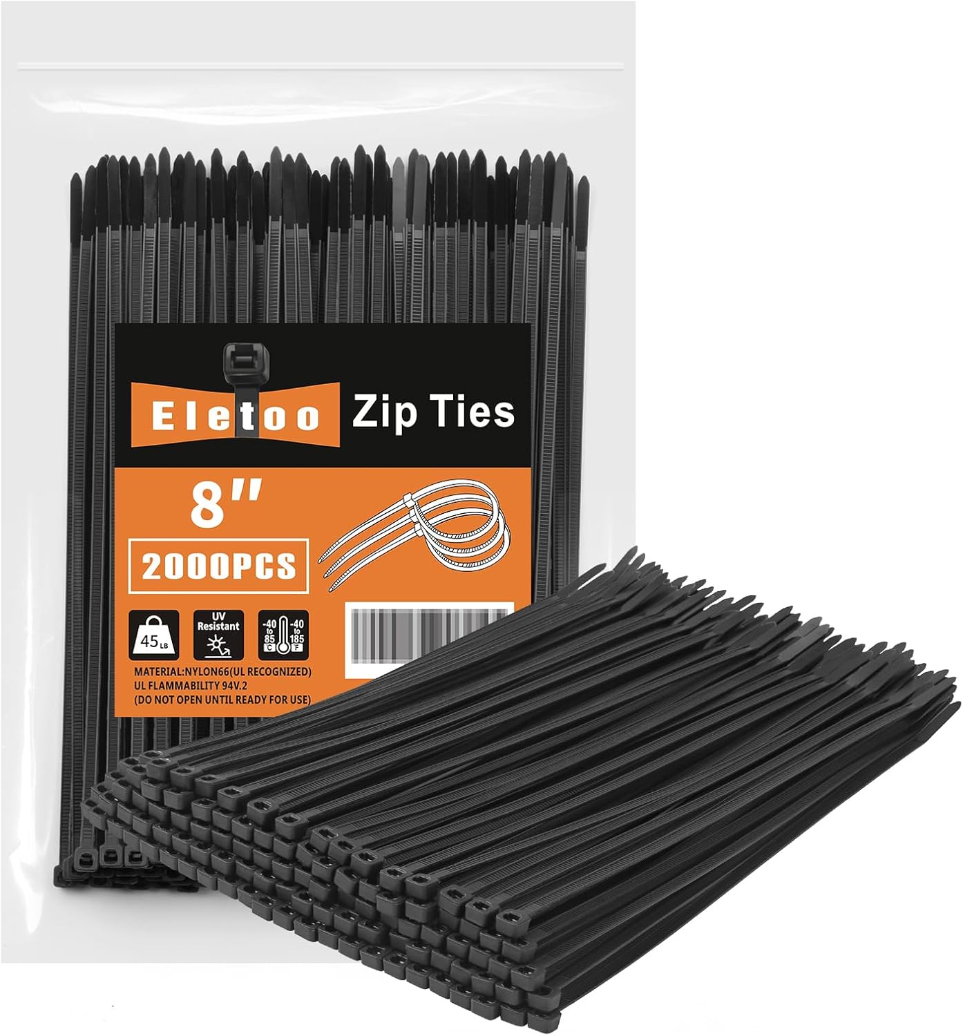 8 Inch Black Zip Ties 1200 Pack, 35 LBS Tensile Strength, Self-Locking Nylon UV Resistant Cable Ties for Indoor and Outdoor