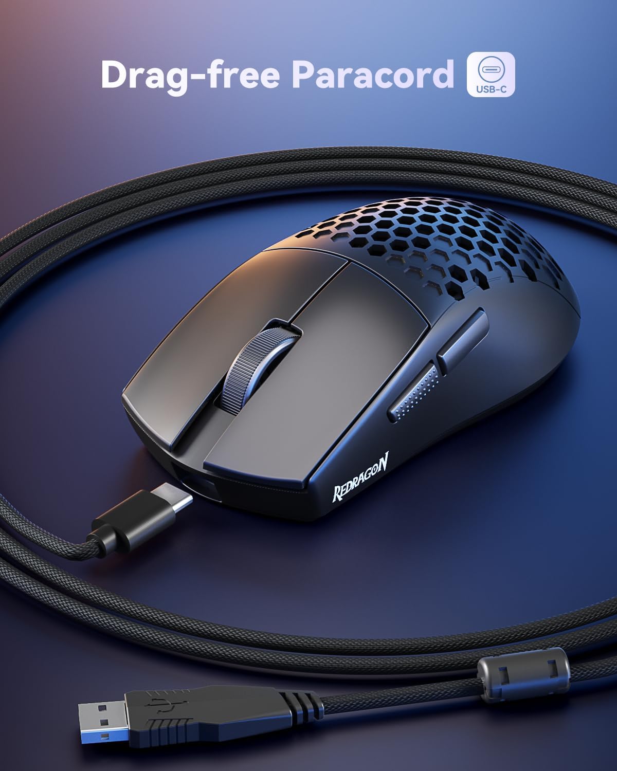 Redragon M617 Ultralight Honeycomb Shell Wired Gaming Mouse, 41g, 10,000 DPI, 6 Programmable Buttons, Drag-Free Paracord, Type-C Gamer Mouse with 2 Side Buttons for PC/Mac/Laptop, Black