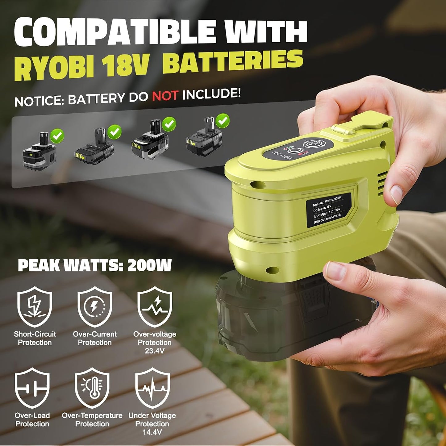 Real 200W Portable Power Inverter Compatible with Ryobi 18V, LIVOWALNY Outdoor Generato Battery Converter 2 USB & AC Battery Powered Outlet, DC 18V to AC 110V-120V Power Station (Tool Only)