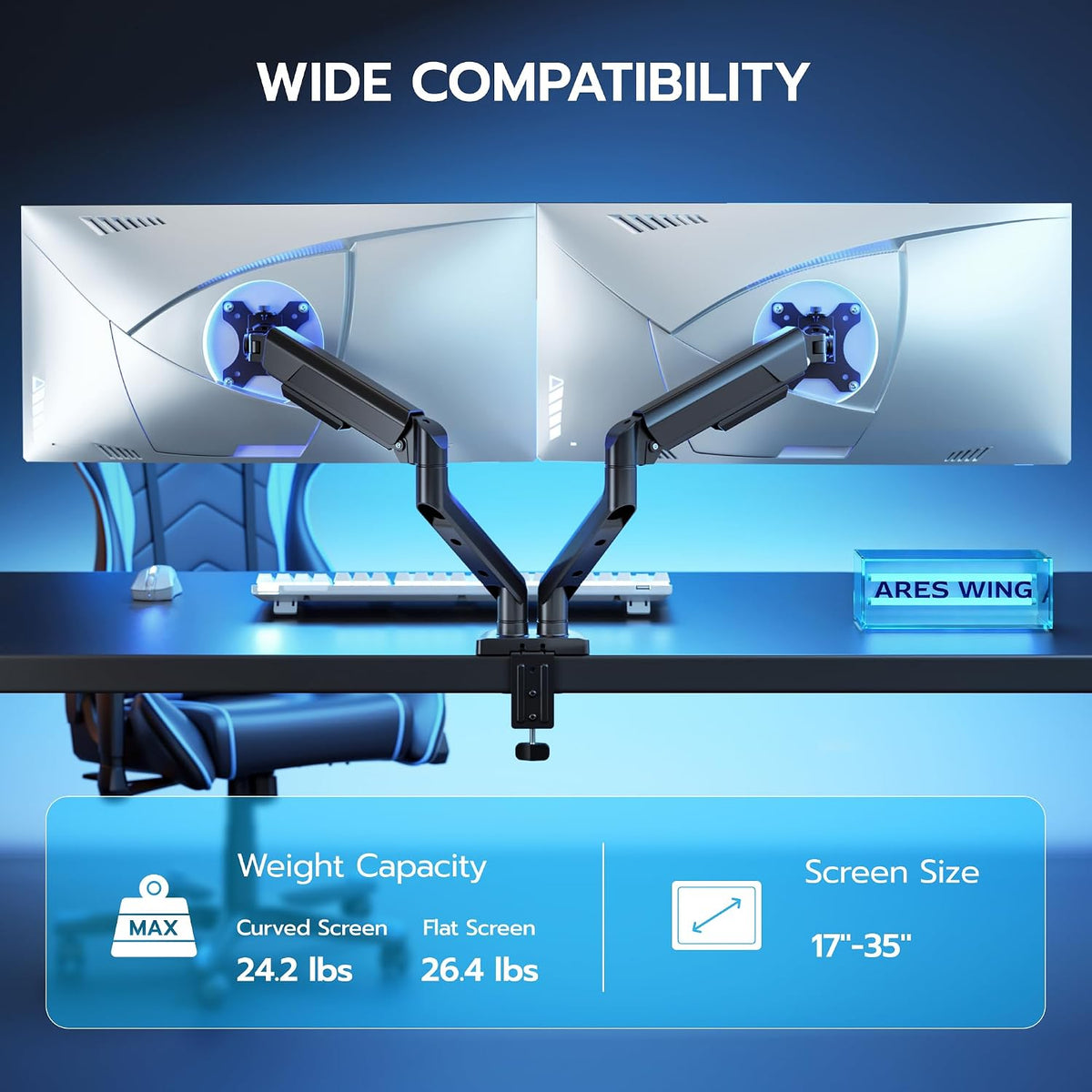 ARES WING Dual Monitor Mount for 17-35 inch Monitors, Black