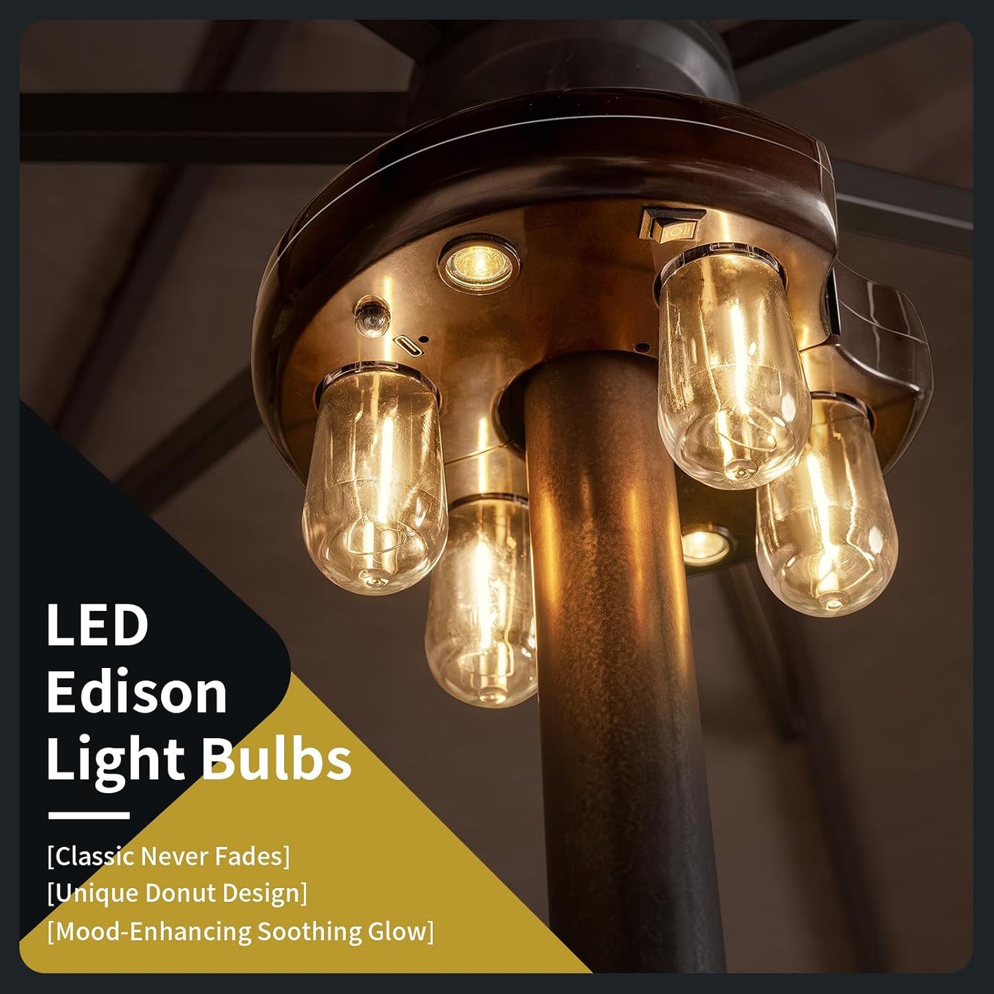 Patio Umbrella Light with Remote Control, Rechargeable Cordless LED Edison Bulbs Pole Light with 10 Brightness Levels for Garden, Patio, Backyard, Camping or BBQ - Brown (1 Pack)