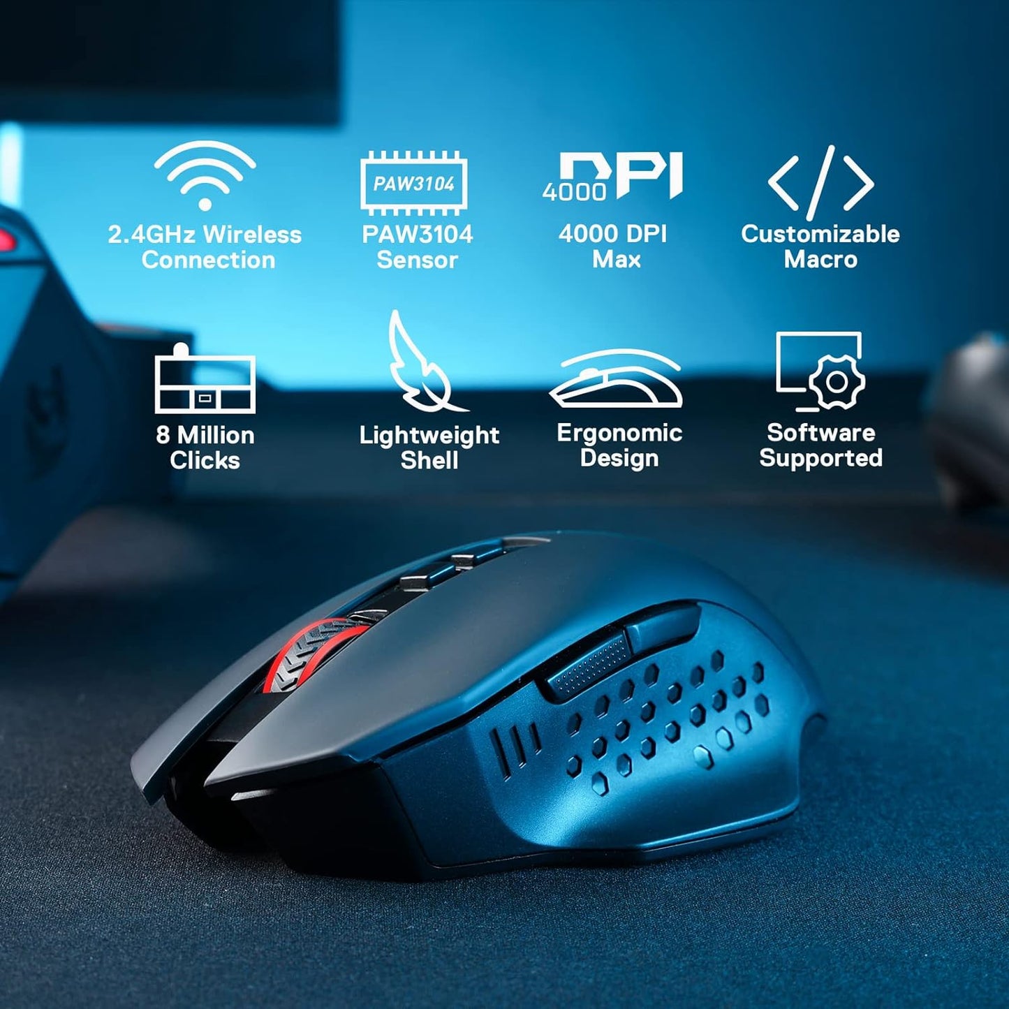 Redragon M656 Wireless Optical Gaming Mouse 4000 DPI Remapping Keys | Cable-Free 0 Delay, Smooth Precise Tracking, Custom Macro Keybinds, Ergonomic Grip Body Comfort