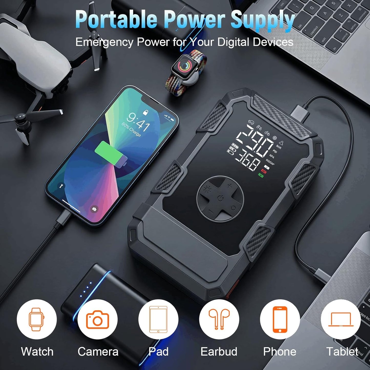 4000A Car Jumper Starter Portable with Air Compressor, 12V Battery Jump Starter with Tire Pump 150PSI for 10L Gas Diesel Engines, Battery Jumper Box Pack Combo with LED Light, Car Accessories Gift