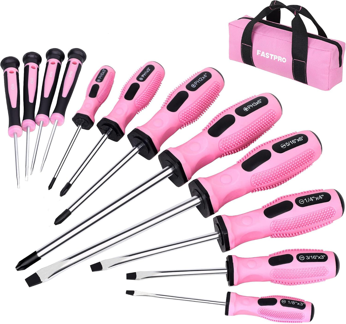 FASTPRO 12-Piece Pink Magnetic Screwdrivers Set with Storage Bag | 4 Phillips & 4 Slotted Tips, 4 Precision Screwdrivers, CR-V Steel, Ergonomic Handles, Home Repair Tool Kit for Women