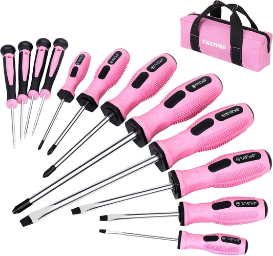 FASTPRO 12-Piece Pink Magnetic Screwdrivers Set with Storage Bag | 4 Phillips & 4 Slotted Tips, 4 Precision Screwdrivers, CR-V Steel, Ergonomic Handles, Home Repair Tool Kit for Women