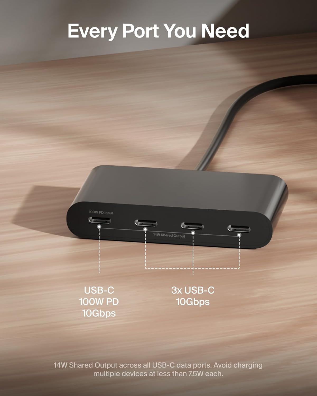 Belkin Connect 4-Port USB-C Hub - USB C Hub Multiport Adapter Dongle with 4 USB-C 3.2 Gen 2 Ports - High-Speed 10G Data Transfer for Laptop, MacBook, iPad, PC, and More - 100W PD