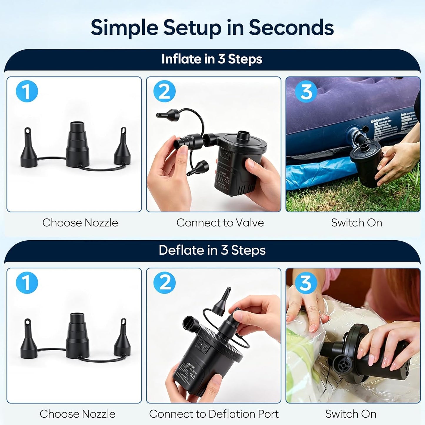 AGPTEK Rechargeable Air Pump,4000mAh Quick-Fill Inflator Deflator,3 Nozzles | Portable Electric Air Pump, Lightweight, for Air Beds, Air Mattresses, Pool toys,Inflatables,Fast Inflation,Camping, Outdoor