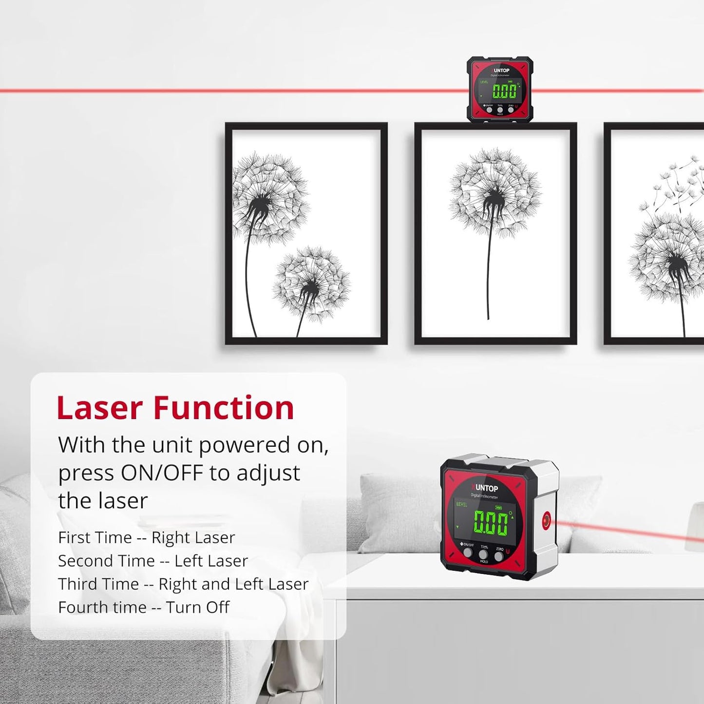 USB Charging Digital Angle Finder with Laser (Class 2, <1mW Output) | 4-side Strong Magnetic Angle Gauge IP54 Waterproof Inclinometer Level for Hanging Decorations Woodworking