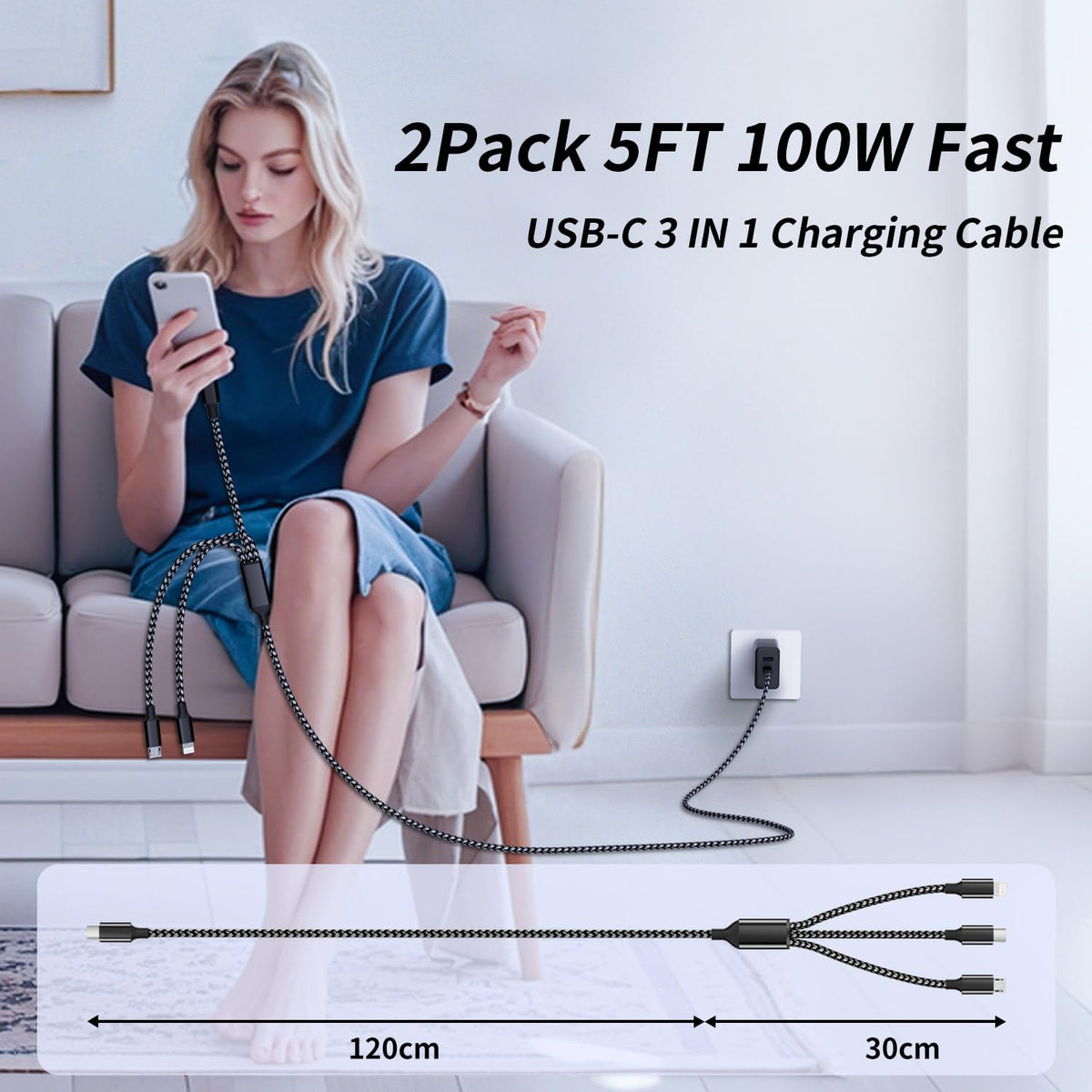 100W USB-C Multi Charging Cable with E-Mark Chip, USB C Cable Fast Charging
