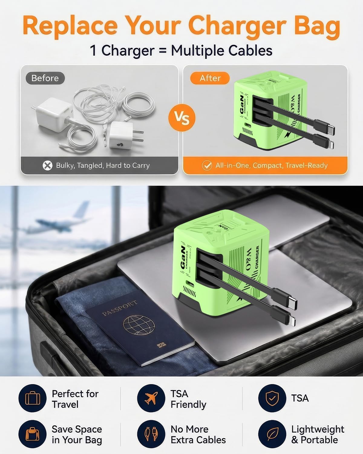 W & O 60W Gan Fast Charger Wall Plug, Built-in Retractable USB-C & L Cables | Retractable Wall Charger with 47.2" Cables, One Pull Charging, No Cable Mess Solution for iPhone 17/16/15, Galaxy S25/S24