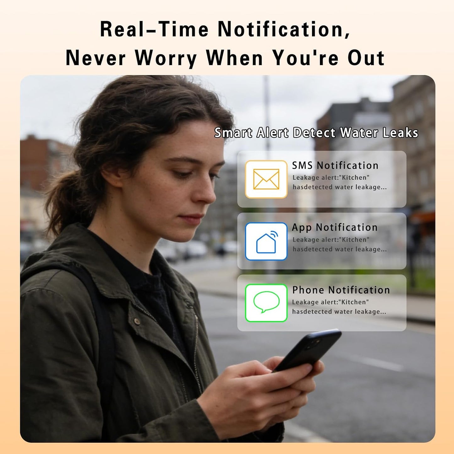 Water Alarm Leak Detector, Water Leak Detector with Cable, 100dB Adjustable Sound Alarm & Real-Time App Alerts WiFi Water Sensor for Home, Kitchen, Bathroom, Warehouse