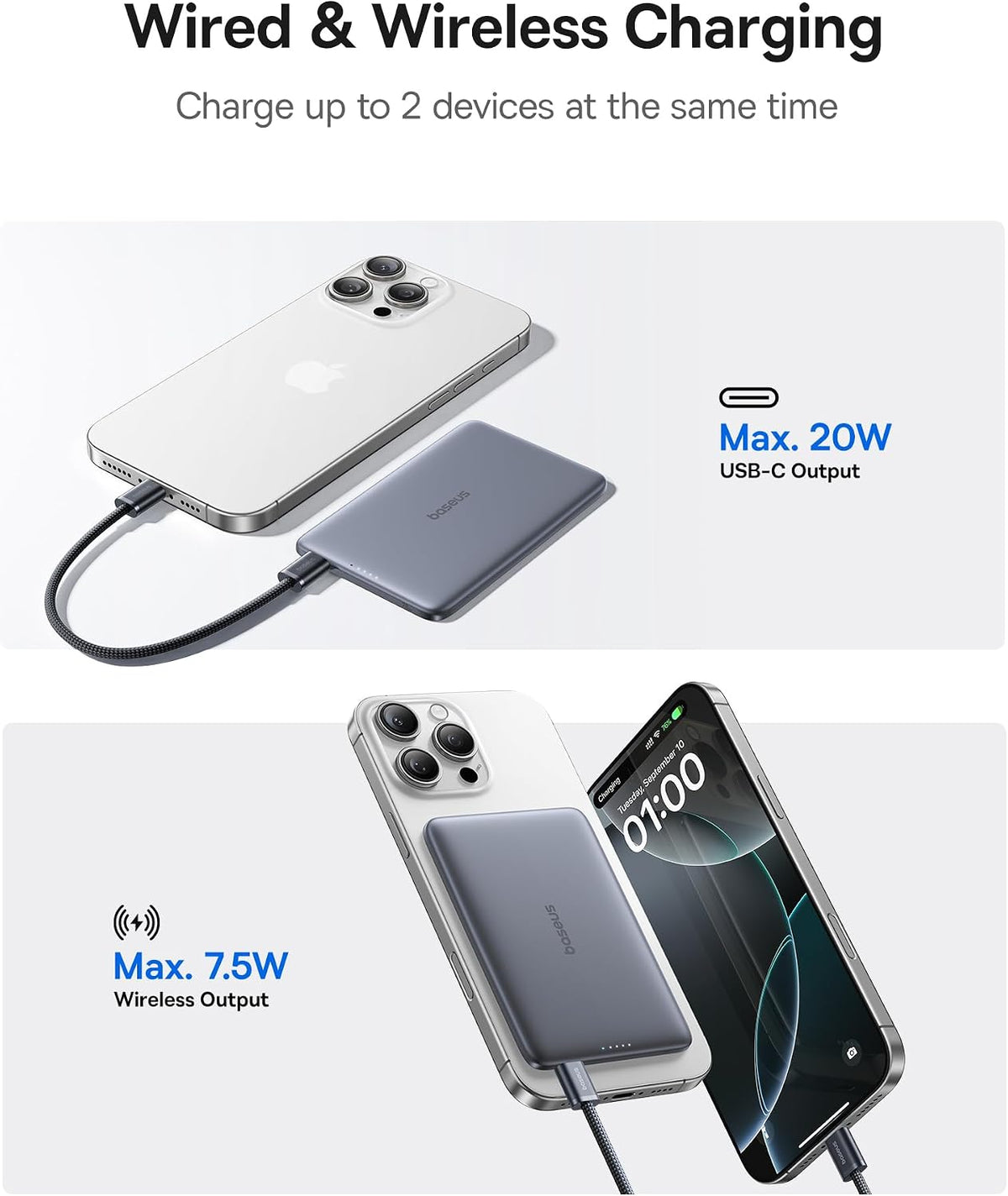 Baseus Picogo Power Bank, 0.3" Ultra Slim 5000mAh MagSafe Portable Charger, Card-Size Magnetic Battery Pack with USB-C Braided Cable, Alloy Wireless Charger for iPhone 17 Pro Max/17 Air/16/15/14/13/12