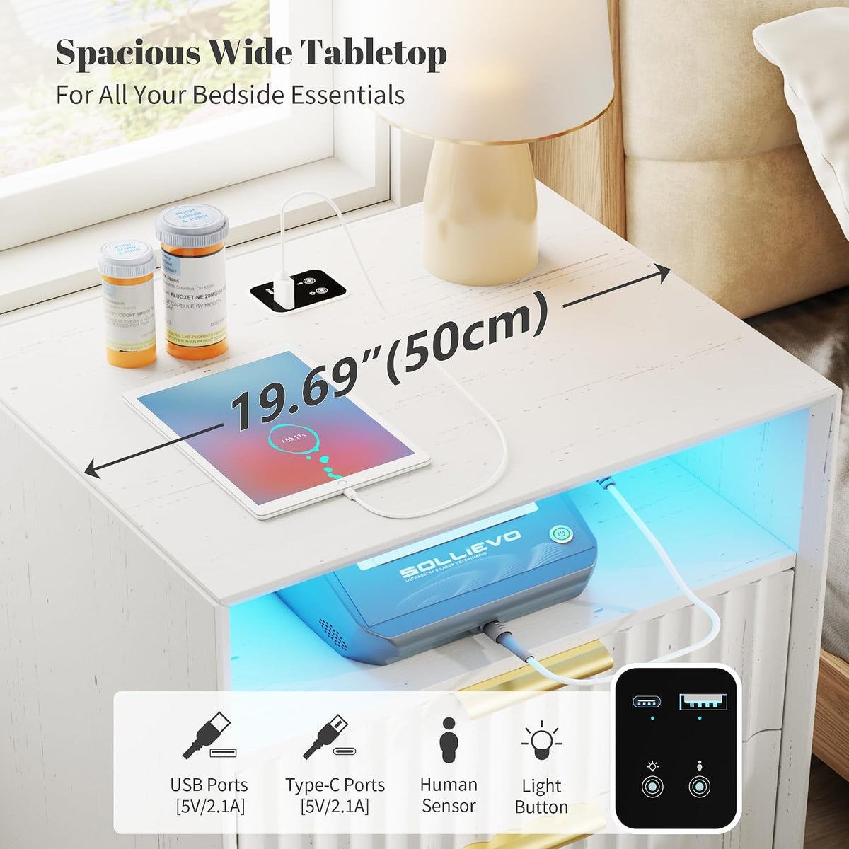 LVSOMT LED Nightstand Set of 2, RFID Lock, Charging Station, White