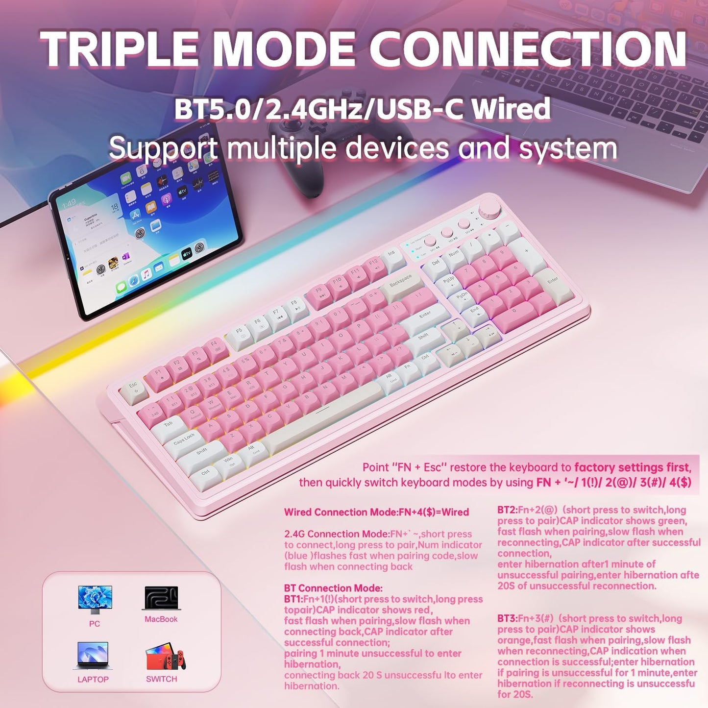 AULA 99 Key Keyboard, Wireless Pink Gaming Keyboard Creamy with Number Pad | Membrane Keyboard,RGB Backlit,Tri-Mode BT/2.4GHz/USB-C,2000mAh Rechargeable Thocky Clicky Creamy Sound Computer Keyboards