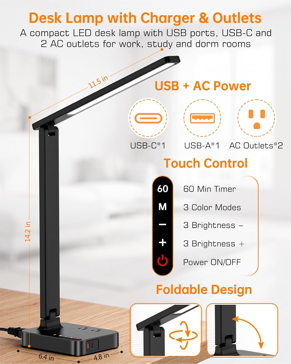 cozoo LED Desk Lamp for Dorm Office, USB-C & 2 AC Outlets Charging, Black | 2 USB Charging Ports(1 USB-C), 2 AC Outlets, 3 Lighting Mode, 3 Level Brightness Modern Foldable LED Desk Lamp for Dorm Room