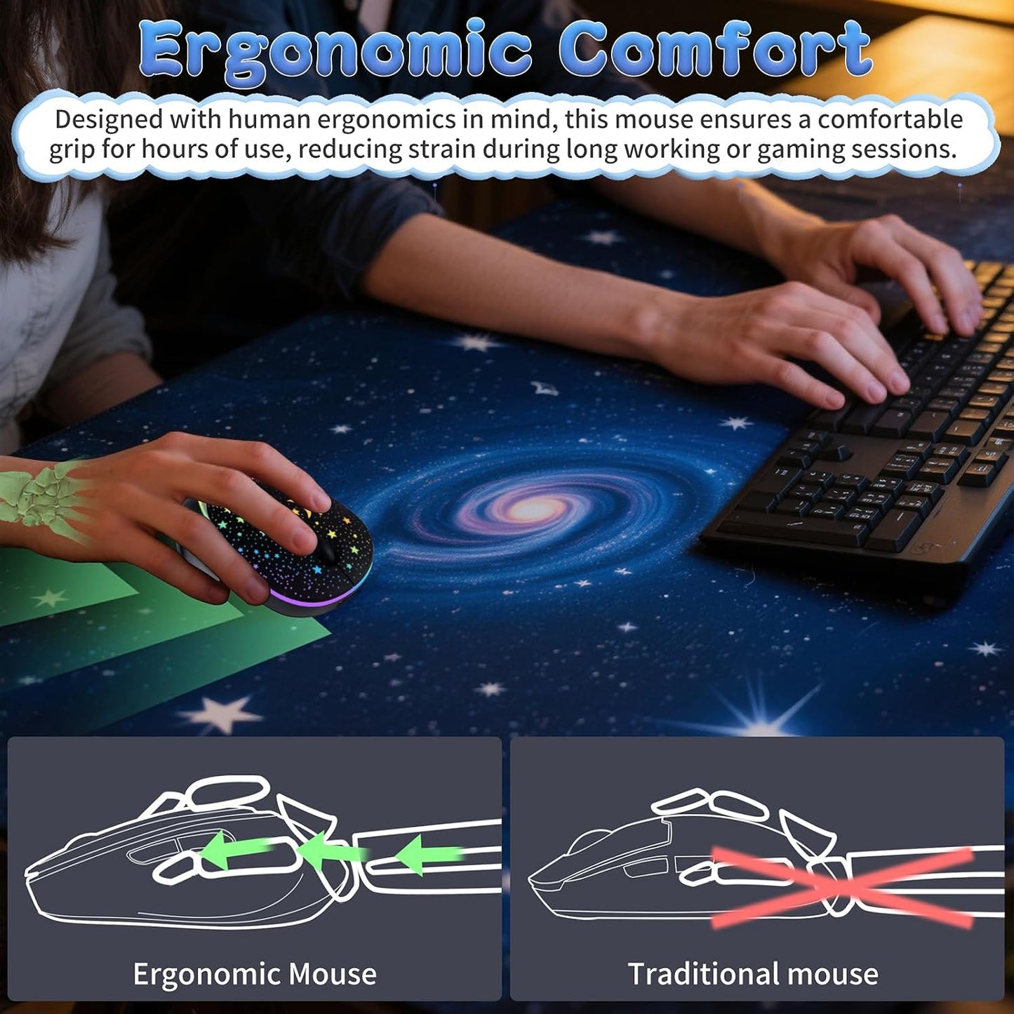 elec Space Bluetooth Wireless Mouse with Starry Sky RGB Backlight&amp; Gradient Breathing Light - Ergonomic Dual Mode Rechargeable Mouse, Type-C Charging - Perfect for Office, Gaming &amp; Travel (Balck)