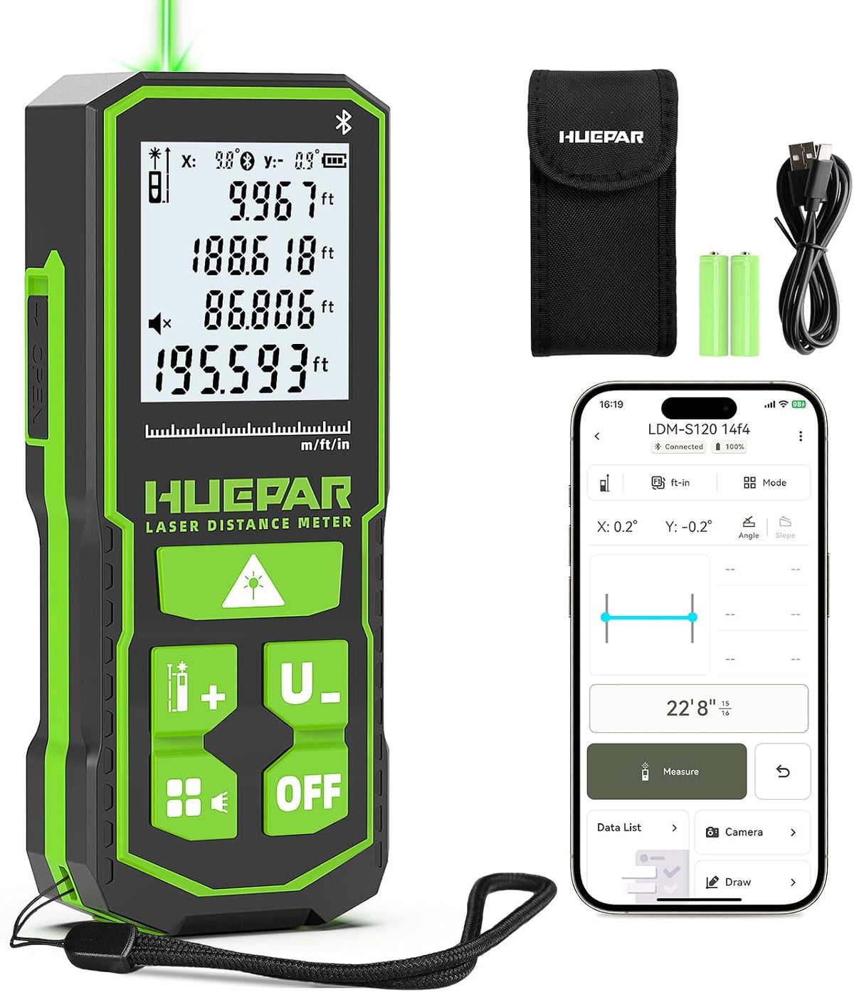 Huepar Bluetooth Green Laser Measuring Tool 200FT, S60-G-BT | APP Control, Green Beam, ±1/16" High Accuracy, Rechargeable USB-C Laser Distance Meter, Angle Sensor, IP54, Gifts for Men