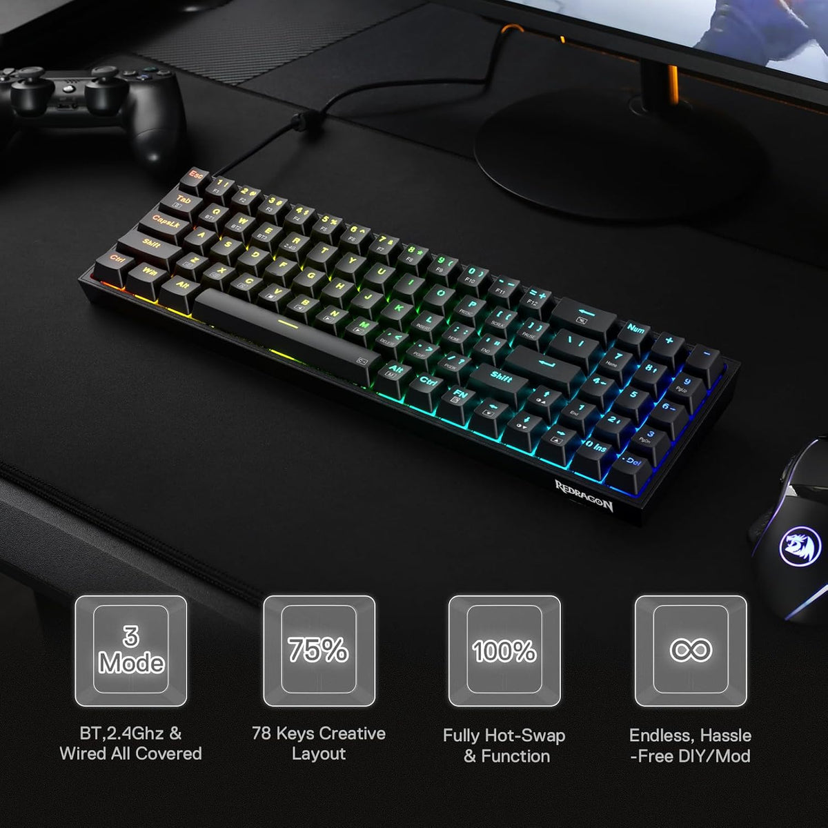 Redragon S136 Combo, K628 PRO 75% Wireless Gaming Keyboard + 7200 DPI Mouse | 78-Key Dedicated Arrow & Numpad, 0-Delay Tri-Mode Both Devices, Swap-Ready Socket, Shared Dongle, M693 5 on-board CPI Mice