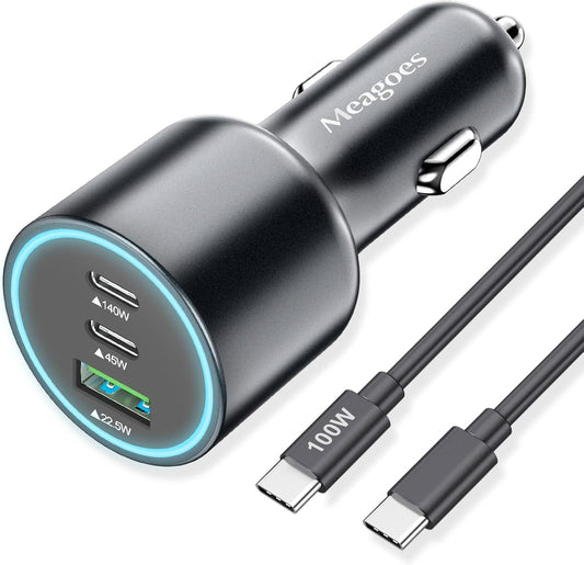 140W USB C Car Charger Super Fast Charging for iPhone 17/MacBook Pro/Laptop | for 17 Pro Max/Samsung S26/S25/MacBook Air/ThinkPad/HP Notebook/Chroemebook,PD3.1 140W/100W/PPS 45W,3.3ft Type C E-Mark Cord