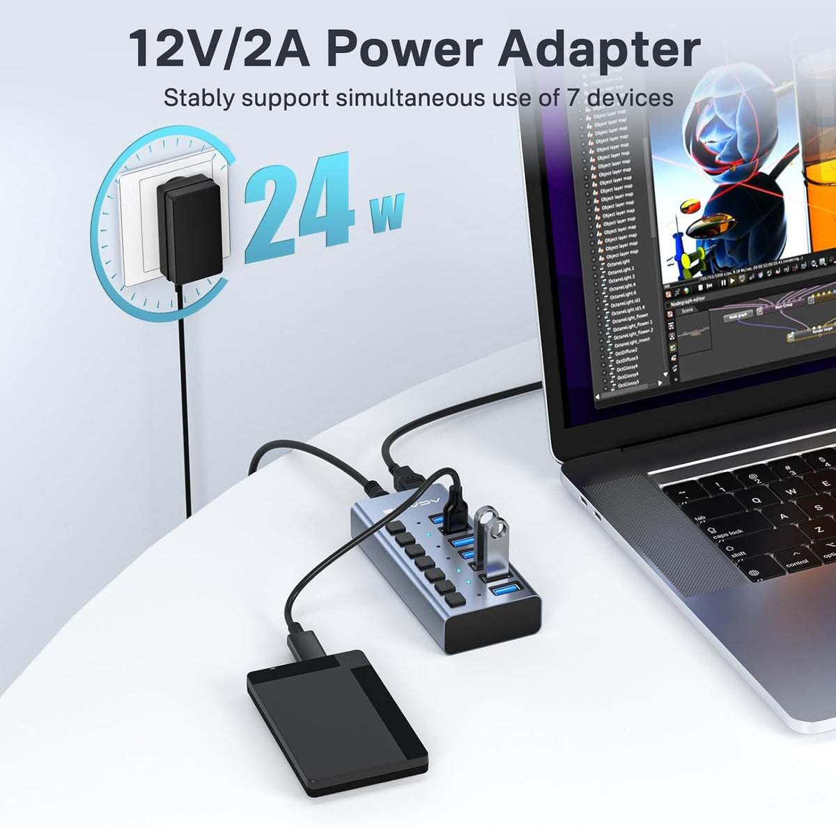 ACASIS Powered 7 Ports USB 3.2 Hub, 10Gbps Data Transfer, 24W Adapter | Individual On/Off Switch for Each Port • Aluminum Housing • Better Heat Dissipation • Plug & Play
