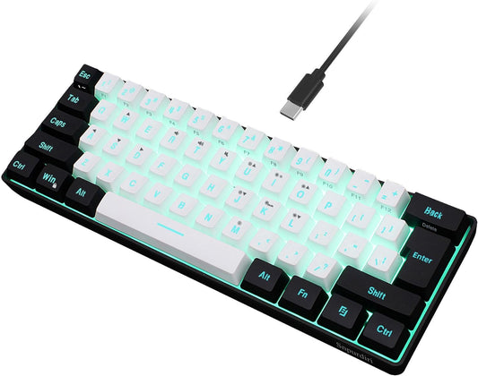 Snpurdiri 60% Wired Gaming Keyboard, 61 Keys RGB (Black-White) | Backlit Ultra-Compact Small Gaming Keyboard, for PC/Mac Gamer, Typist, Travel, Easy to Carry on Business Trip
