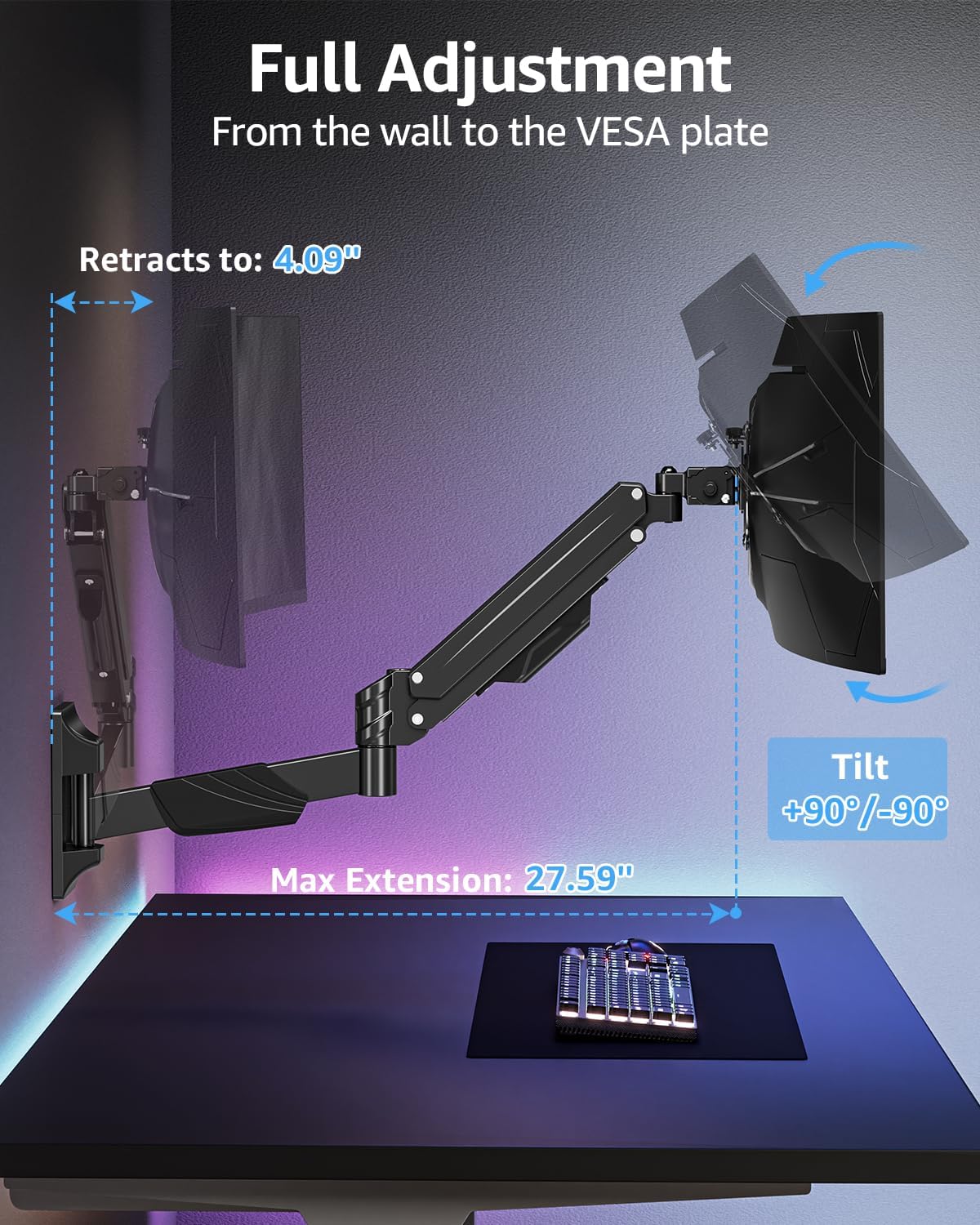 MOUNTUP Monitor Wall Mount for 22-43 Inch Curved Screens, Holds 2.2 to 33.1 lbs, Ultrawide Computer Monitor Wall Mount, Heavy Duty Wall Monitors Arm, 75x75 mm to 200x200 mm Vesa Mounts