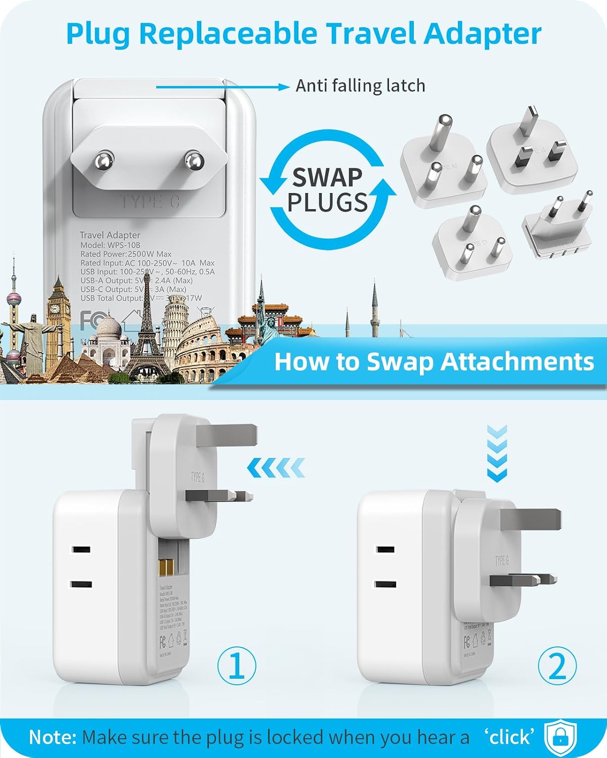 PAEWOK Travel Adapter Set with Type G/C/M/D Detachable Plug | European Travel Plug Adapter, 4 AC Outlets 4 USB Ports (2 USB C), US to UK/EU/South Africa/India, Universal Travel Adapter