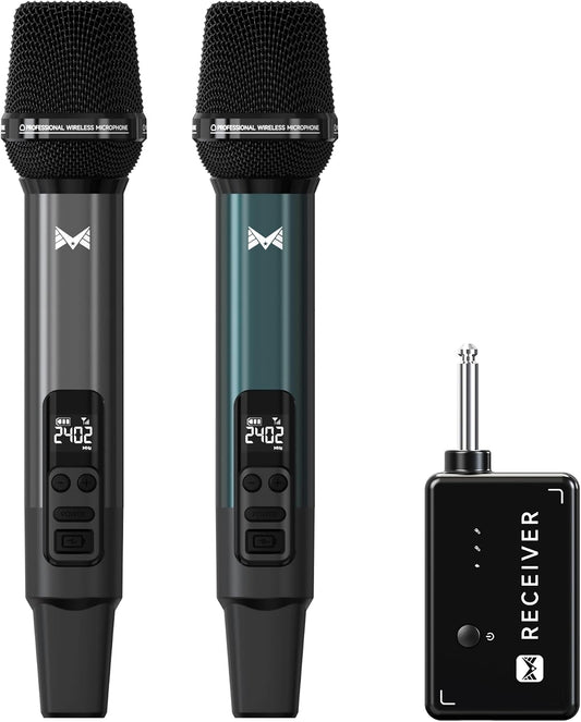 Wireless Microphone, Metal Dynamic Wireless Microphones with One-to-One Chip Connection and Rechargeable Receiver, 40H Duration, 200FT Range Receiving, Volume Control Karaoke Microphone for Singing