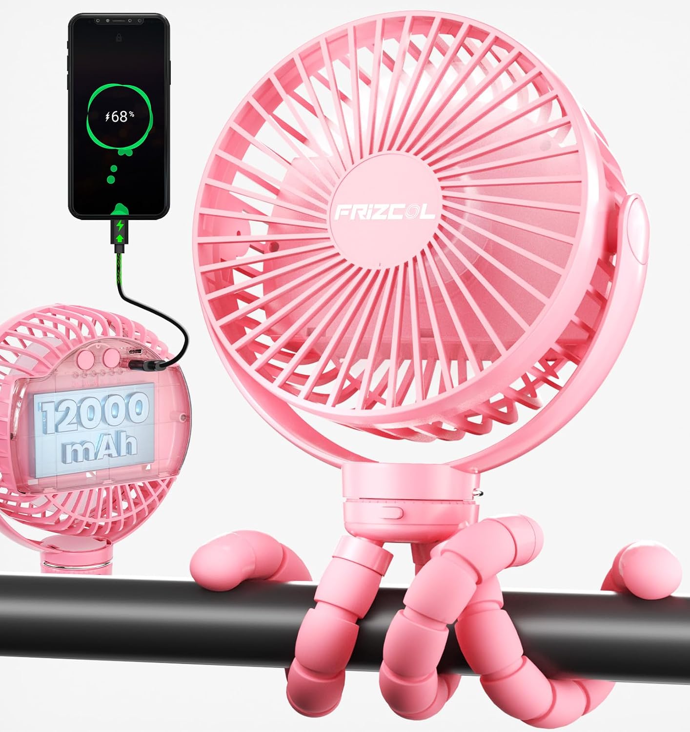 FRIZCOL 12000mAh Portable Stroller Fan, Use As Power Bank, 65H Battery Operated Fan Flexible Tripod Clip On Fans, Detachable Personal Handheld Baby Fans for Stroller, Car seat, Desk, Treadmill（Pink）