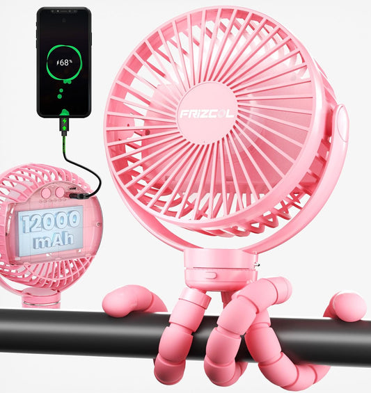 FRIZCOL 12000mAh Portable Stroller Fan, Use As Power Bank, 65H Battery Operated Fan Flexible Tripod Clip On Fans, Detachable Personal Handheld Baby Fans for Stroller, Car seat, Desk, Treadmill（Pink）