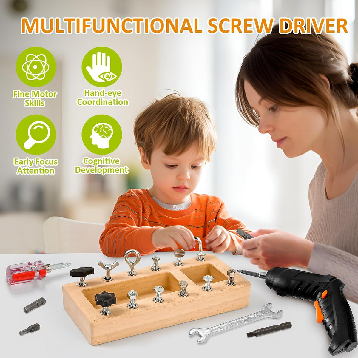 Montessori Screwdriver Board Set, Kids Screwdriver Toy Set Busy Board 3+ | Electric Drill, Fine Motor Skills, Montessori Practical Life, Tools for Toddlers 3-5, STEM Learning Activity