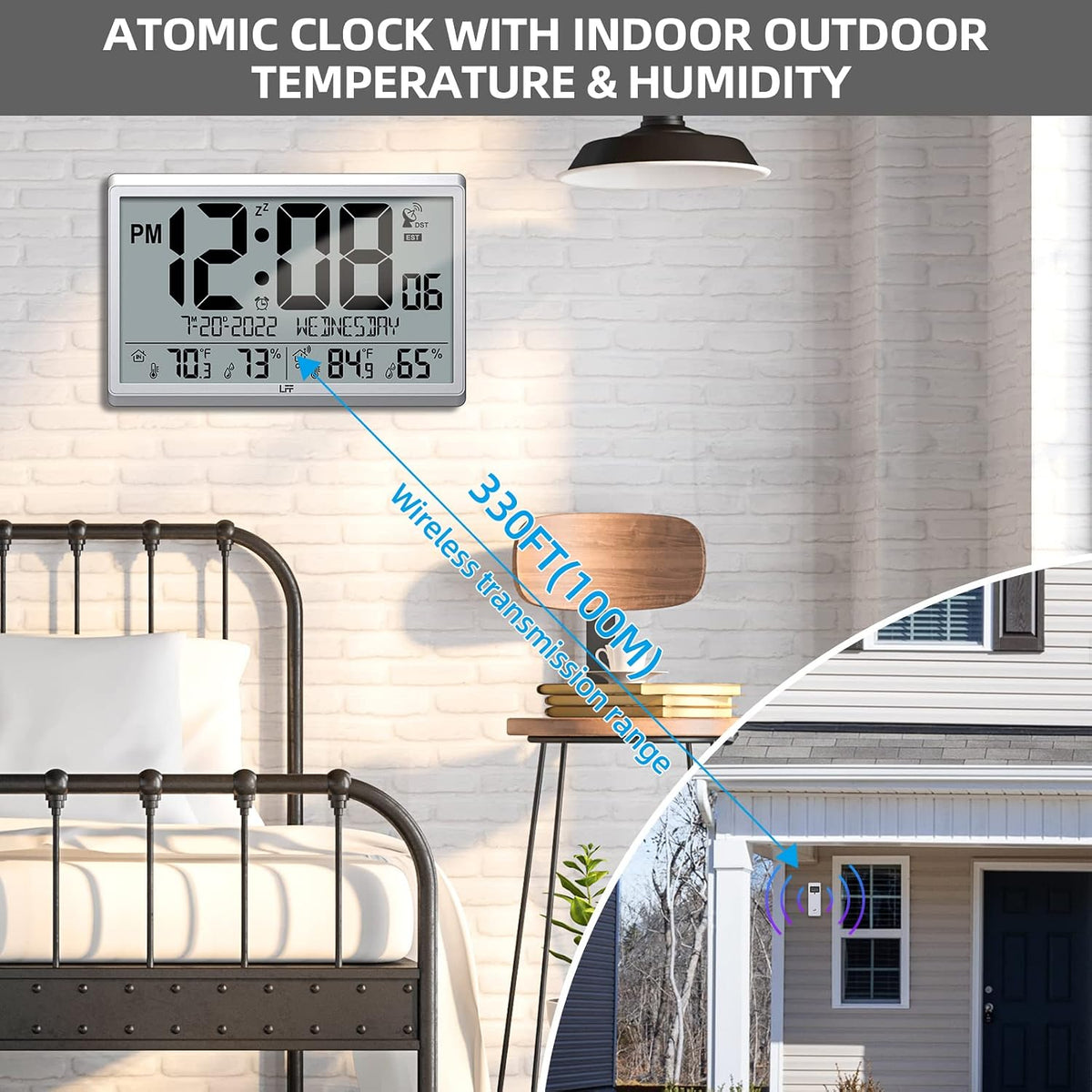 LFF Atomic Clock/Never Needs Setting, Digital Wall Clock with Indoor Outdoor Temperature & Humidity, Battery Operated, Wireless Outdoor Sensor, Atomic Wall Clock with 4.5" Numbers Easy-to-Read
