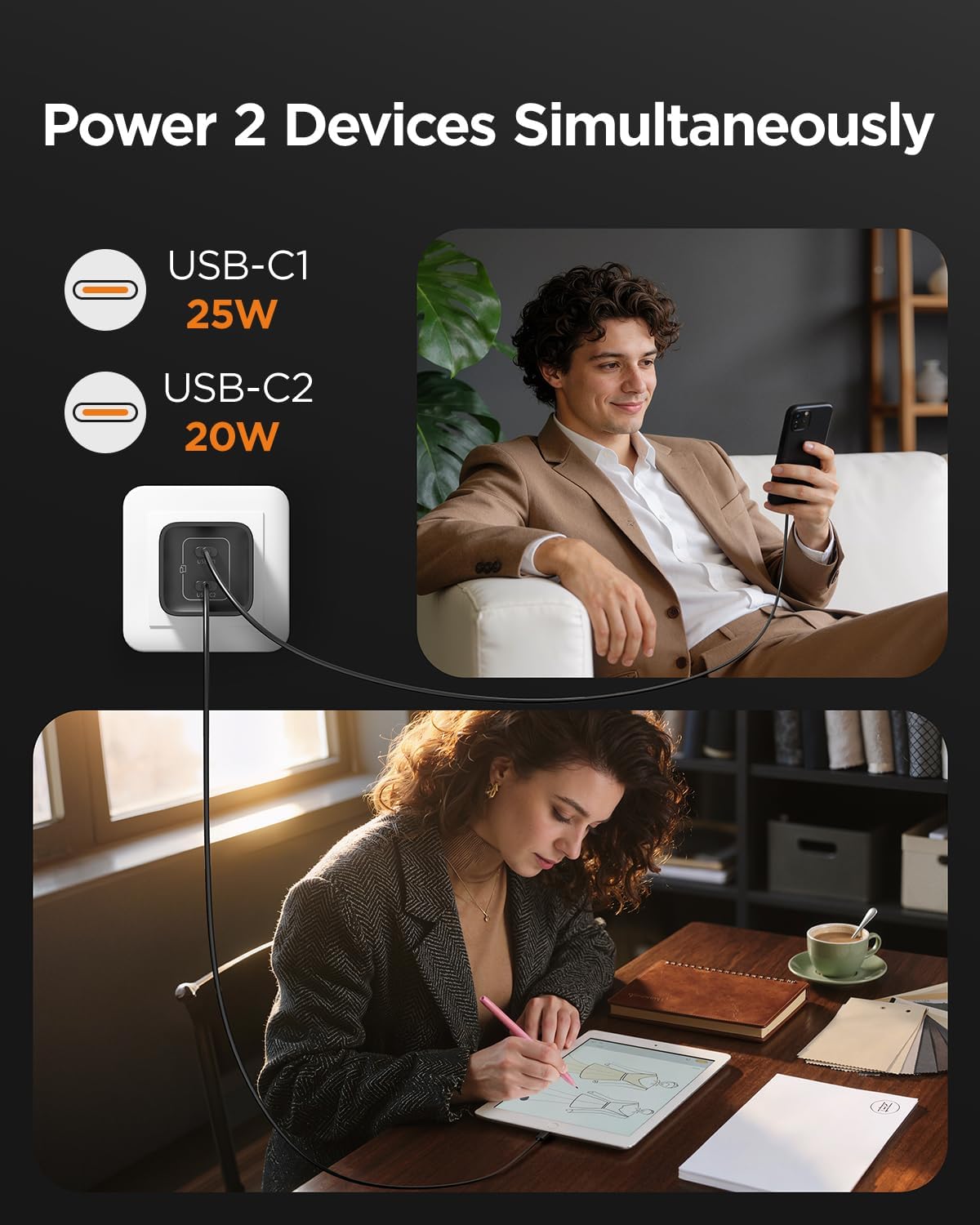 45W USB C Charger, 2 Port GaN Fast Charging with PPS, Foldable Wall Charger Block for iPhone 17/16/15, iPad, Galaxy S25/S24, Pixel 10/9 (Black)