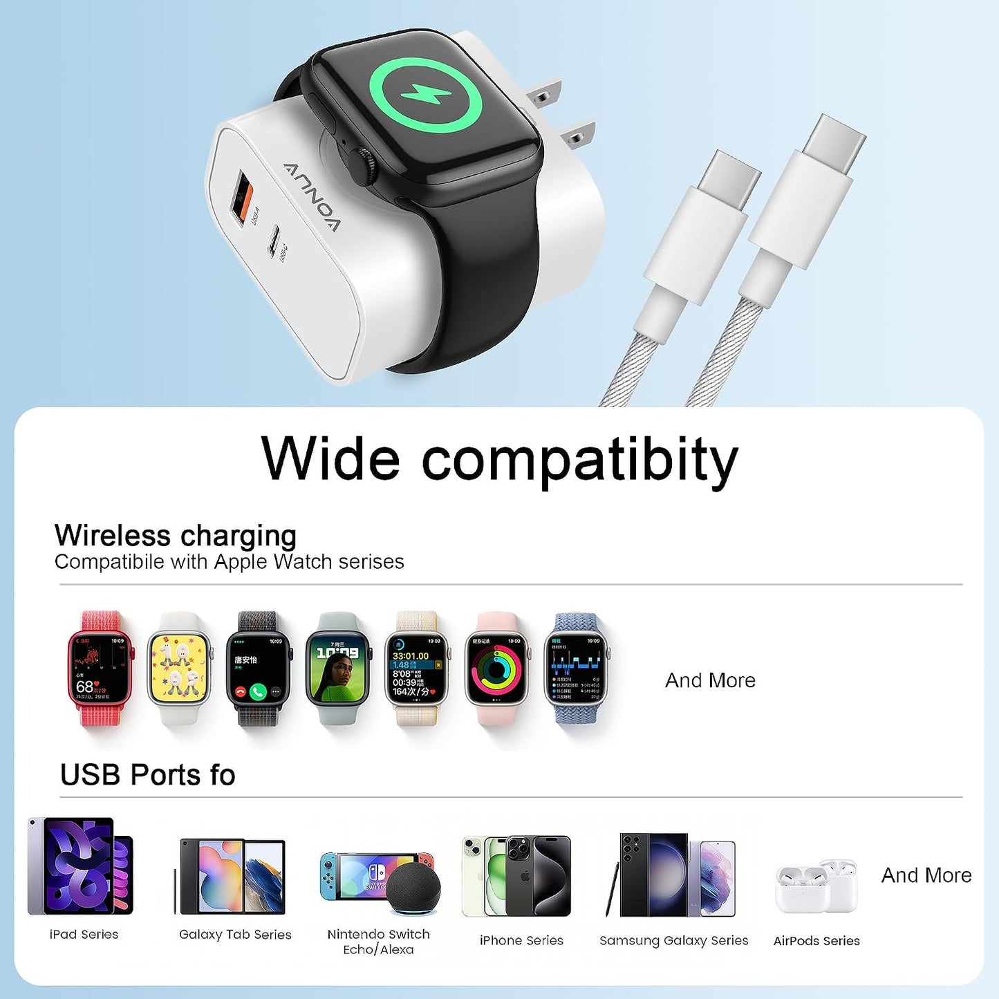 3-in-1 Adapter for Apple Watch, 20W USB C Fast Charging Block with Dual Ports & Magnetic Wireless Adapter, Portable Travel Wall Plug for iWatch Ultra/SE/11/10/9/8/7, iPhone 17/16/15/14, AirPods