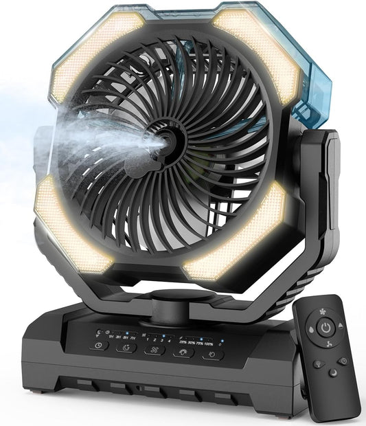Camping Misting Fan - Portable Rechargeable Fan with 8.9oz Tank, Light, Hook - Battery Power 120H MAX Working, Fast Cooling, 4 Speed, Timer, Sleep Mode, for Outdoor, Travel, Patios, Beach