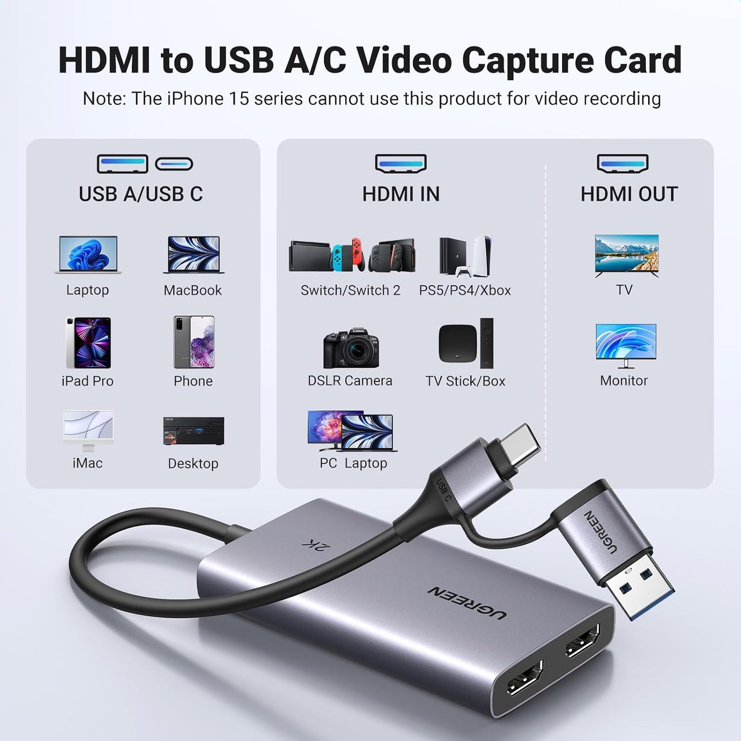 UGREEN 4K@30Hz Loop Out HDMI Capture Card for 2K 30FPS 1080P 60FPS USB 3.0 | 2K@30Hz Record for Video Capture Card for Streaming Gaming with Low Latency Compatible with Switch 2 PS5 Xbox PC Mac