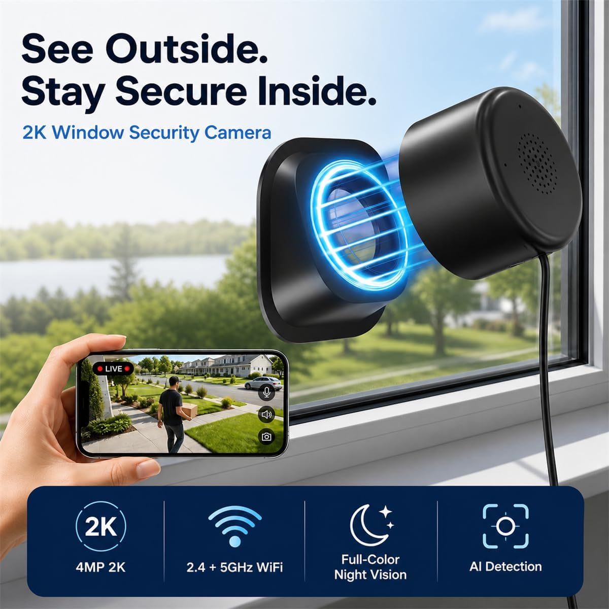 Window Security Cameras,2K 4MP Indoor Cameras for Home Security,No-Drill Magnetic Window Mount,5 GHz and 2.4 GHz WiFi,Full-Color Night Vision,AI Detection,2 Pack(Black)