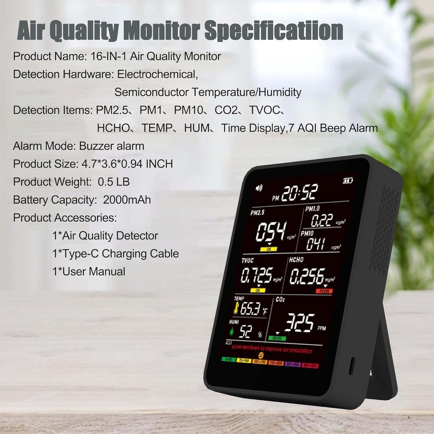 16-in-1 Indoor Air Quality Monitor, High-Precision Multi-Parameter Smart Air Quality Tester with HD Real-Time Color Screen, Portable Air Quality Monitor for Home, Office