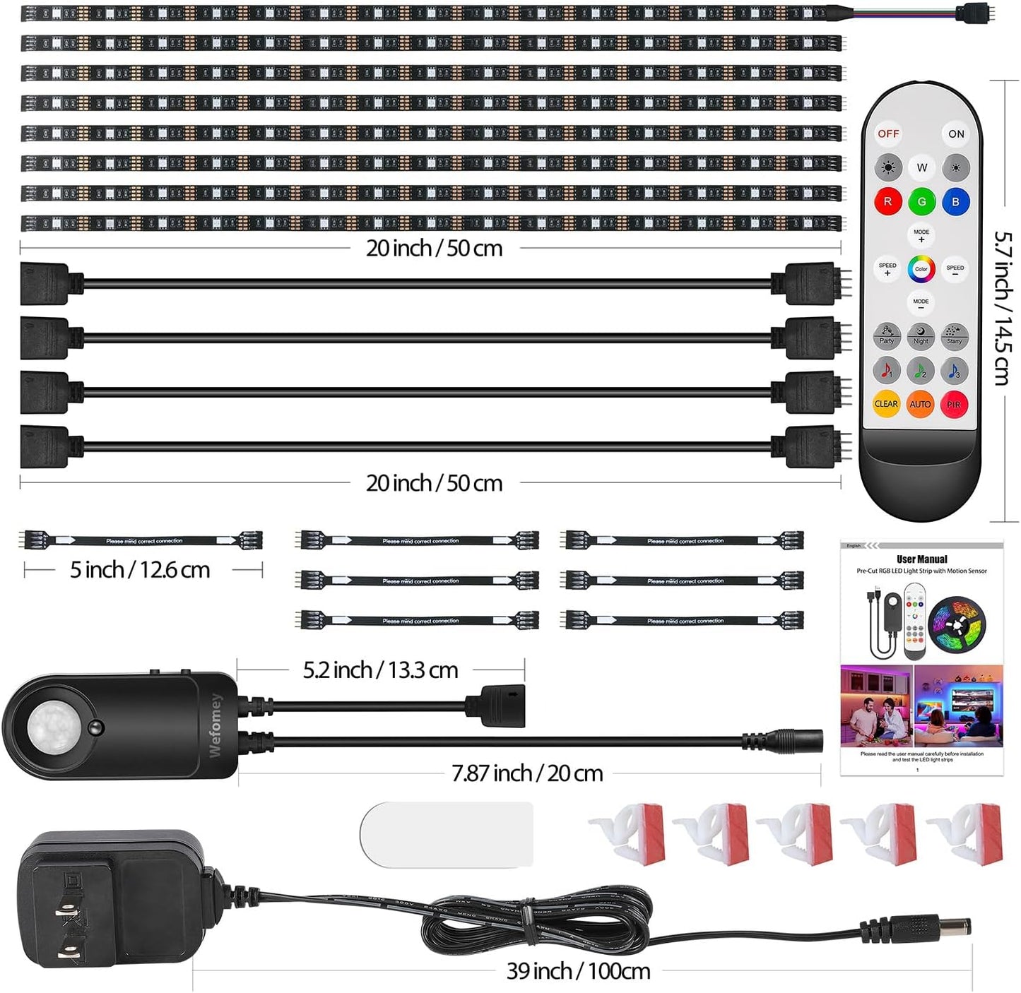 8 PCS RGB Under Cabinet Lighting Kit, 12v Motion Sensor LED Light Strip with Remote, ETL Listed Power Adapter, Music Sync Color Changing Led Lights for Shelves, Cabinet, Counter, Bookcase, 13ft