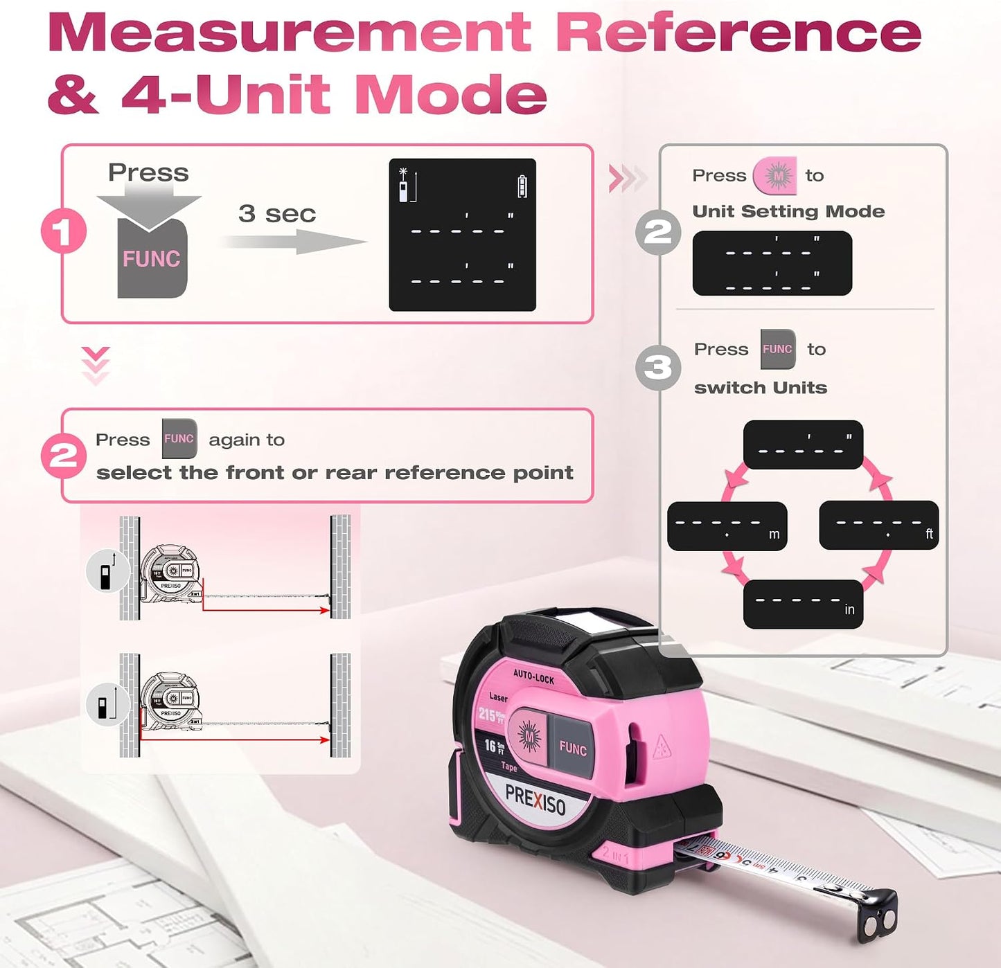 PREXISO 2-in-1 Laser Tape Measure, 215Ft Laser Measure & 16Ft Tape Measure | Laser Measuring Tool, Auto Lock & Magnetic Hook, Laser Measurement Tape, Pythagorean, Area, Volume, Ft/Ft+in/in/M NOT Digital