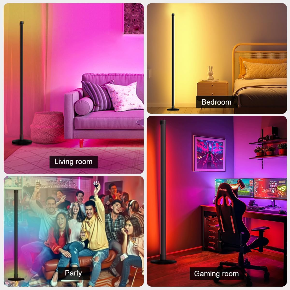 LED Floor Lamp, 63-Inch RGB Corner Light with Music Sync, Smart App Control, 16 Million Colors, Remote Control for Living Room, Bedroom, Gaming Room (2 Pack)