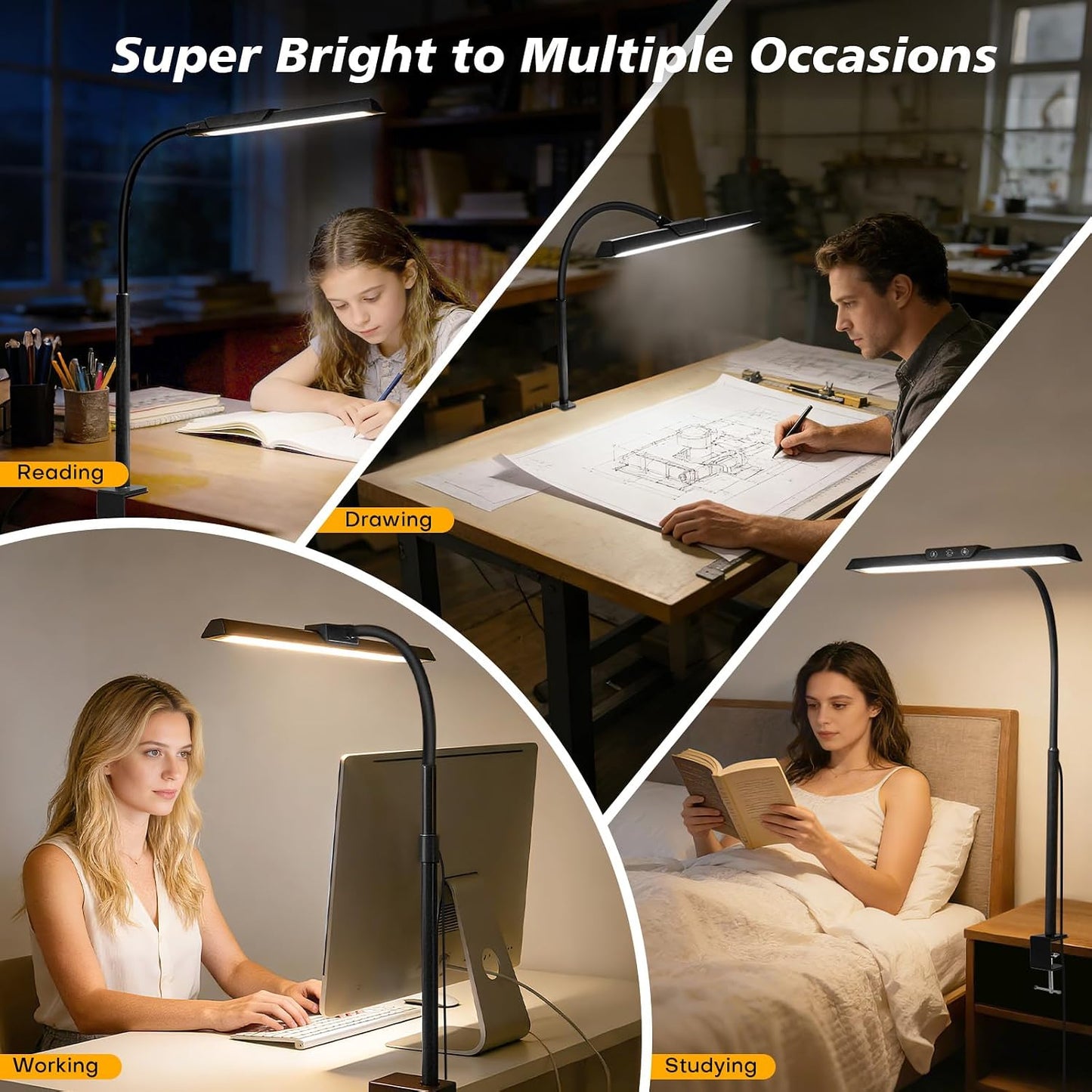 LED Desk Lamp for Office Home, Stepless Dimming Architect Desk Light with DC Adapter, Eye-Caring Desk Lamp with Clamp, 25 Lighting Modes Adjustable 12.8in Flexible Gooseneck for Workbench(Black)