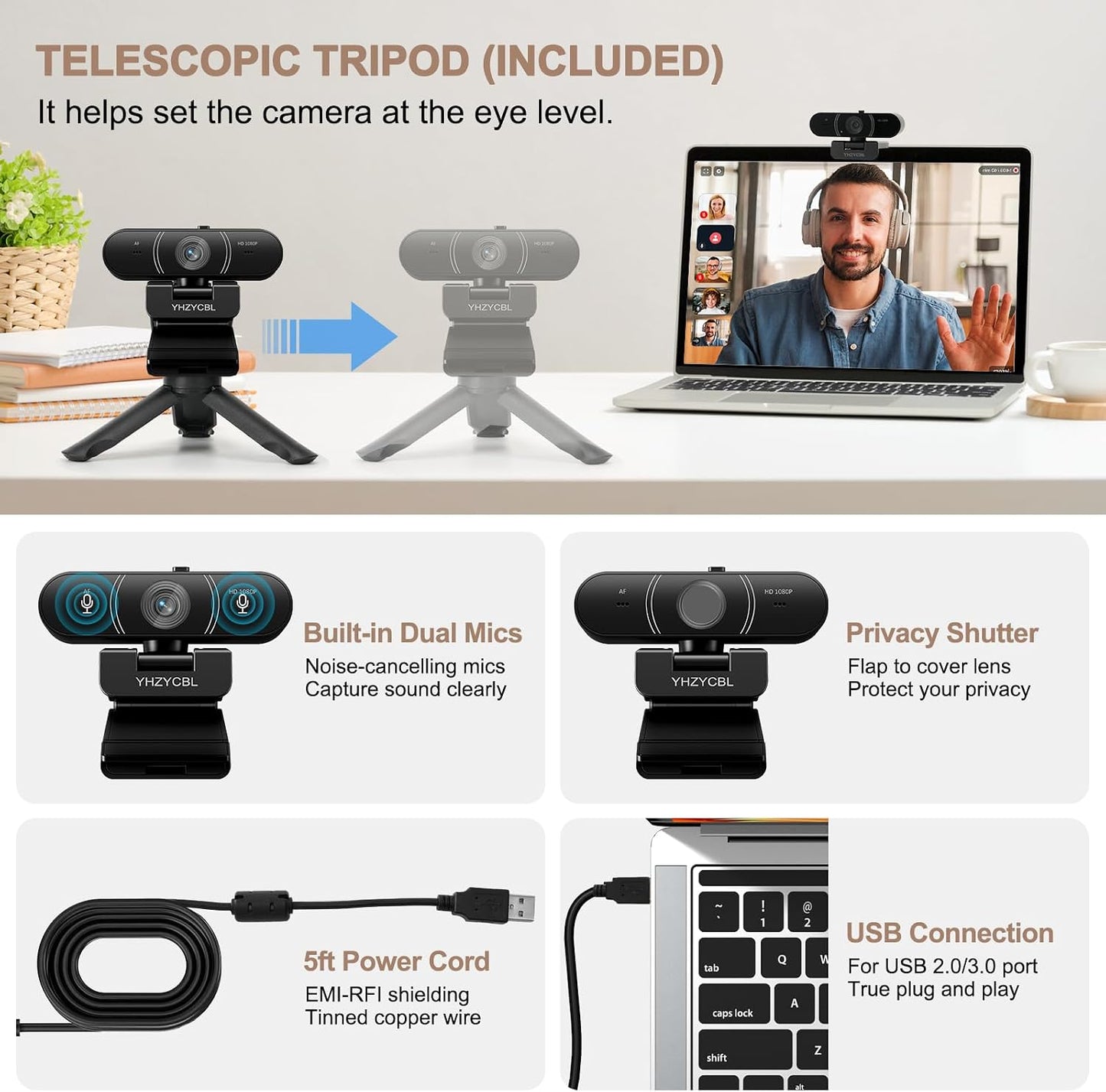 1080p webcam for pc with microphone, Auto Focus, with Privacy Cover