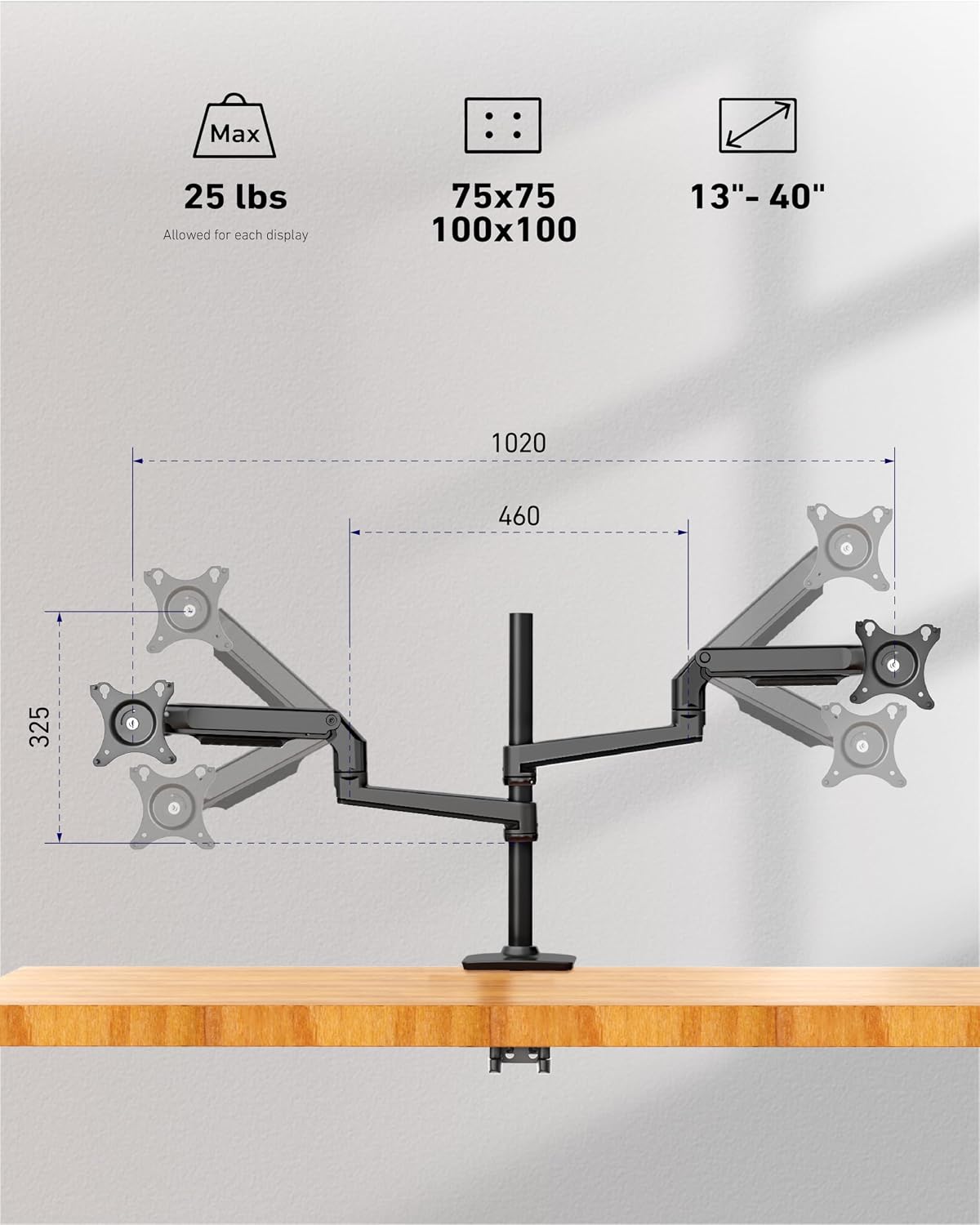 Heavy Duty Quad Monitor Mount, 4 Monitor Arm for 13-40 Inch Screens, Black