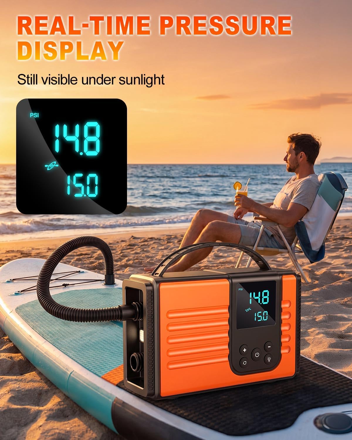 50PSI Paddle Board Electric Pump, 10000mAh SUP Pump with Inflation & Deflation, Rechargeable Paddleboard Pump with Auto-Off, 12V DC & Type-C Air Pump for Paddle Boards, Kayaks, Car Tires