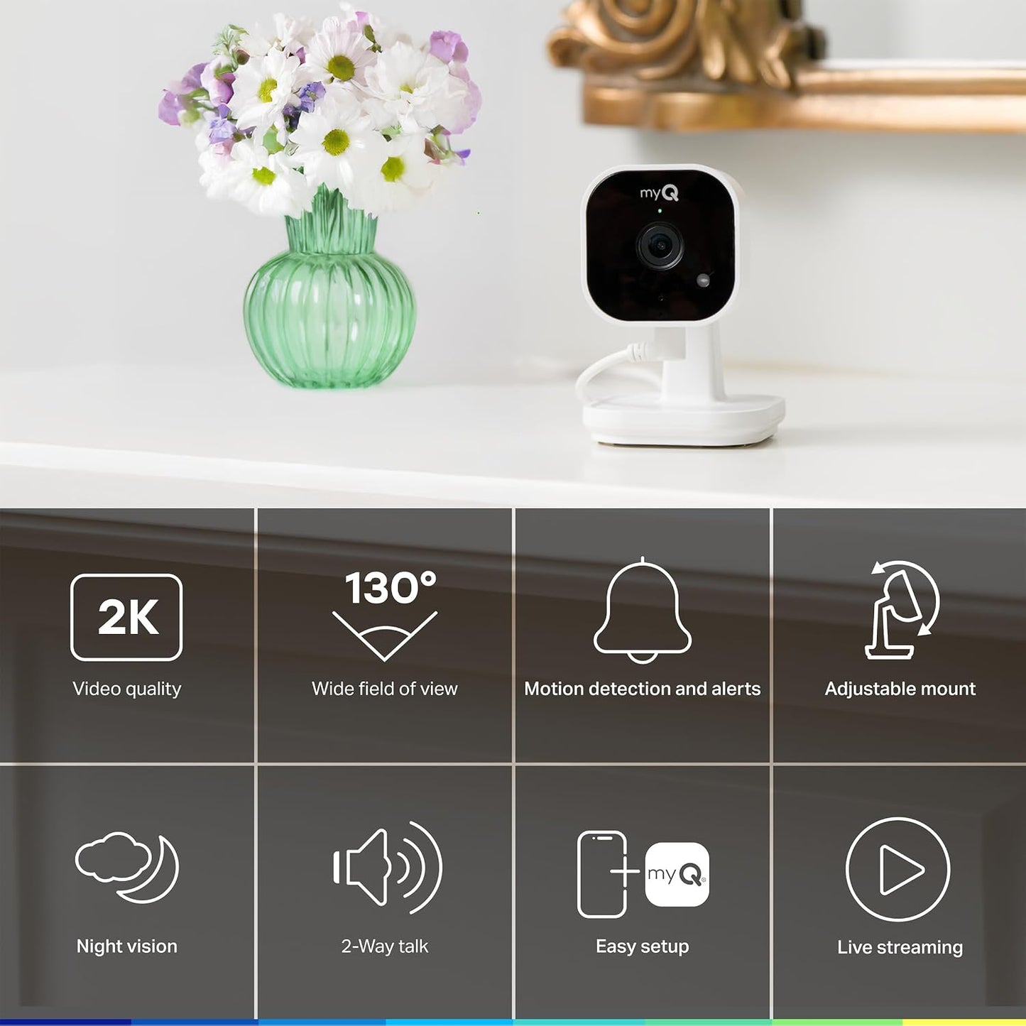myQ Indoor Plug-in Security Camera Gen 2 – 2K Smart Wi-Fi Camera with Night Vision, Baby and Pet Monitor, Motion Detection and Alerts, 2-Way Audio & App Control